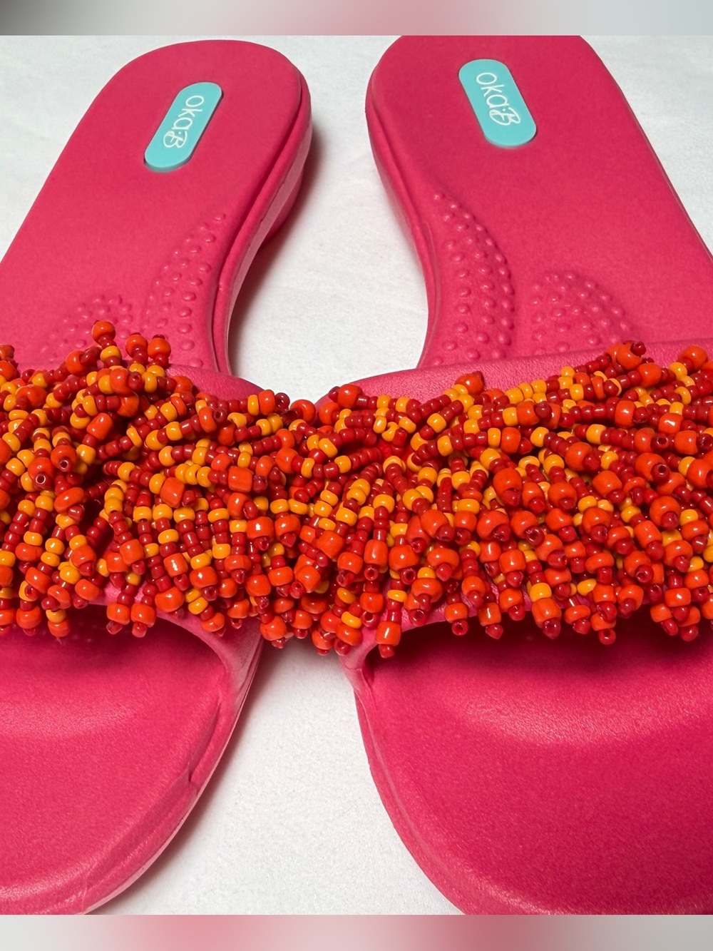 Oka-B Pink Beaded Slide Sandals Women Size M Colorful Resort Shoes